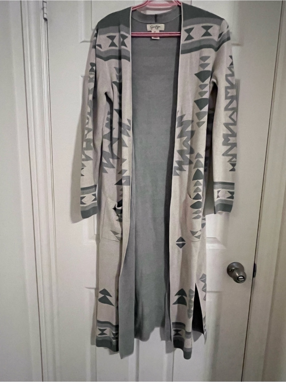 Jessica Simpson Long Open-Front Geometric Cardigan - Gray/Cream